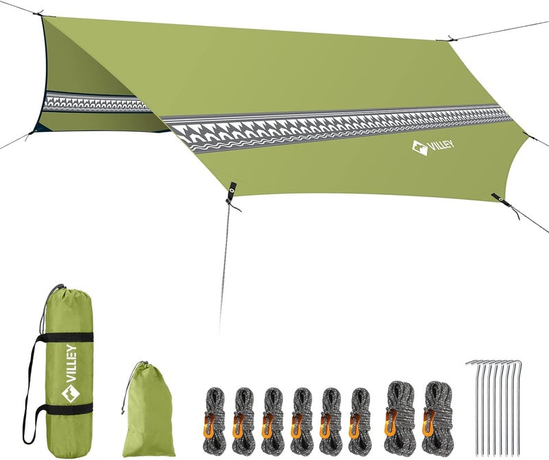 VILLEY Hammock Tent Rain Fly, Octagonal Waterproof Camping Tarp, Sun Shelter for Camping, Backpacking, Hiking, Accessory Includes Stakes, Ropes and Carry Bag (Green) - Image 1